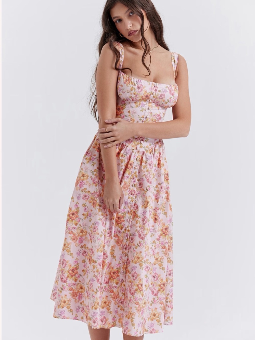 House of CB Pink Floral Midi Dress with Orange Accents